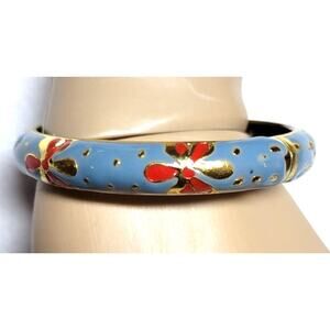 Goldtone Blue Red Flower Enamel Metal Cloisonne Hinged Bangle Bracelet 7"